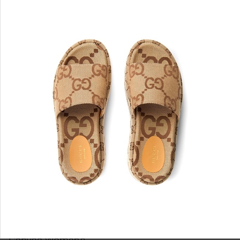 AUTHENTIC GUCCI Angelina Platform 55mm Sandal Camel Canvas Women's size 7 - Picture 5 of 6